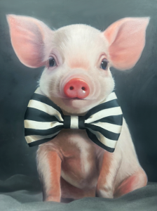A small, light pink piglet with large ears is wearing a black and white striped bow tie. The background is a soft, dark gray, making the piglet stand out prominently. The piglet is looking directly at the camera with a curious expression.